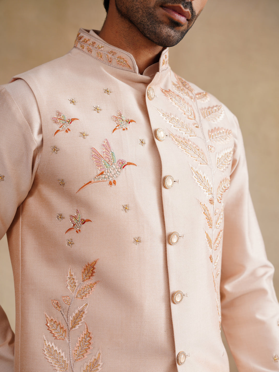Light Pink Zardozi and Thread Embroidered Waist Coat Kurta Set on Silk