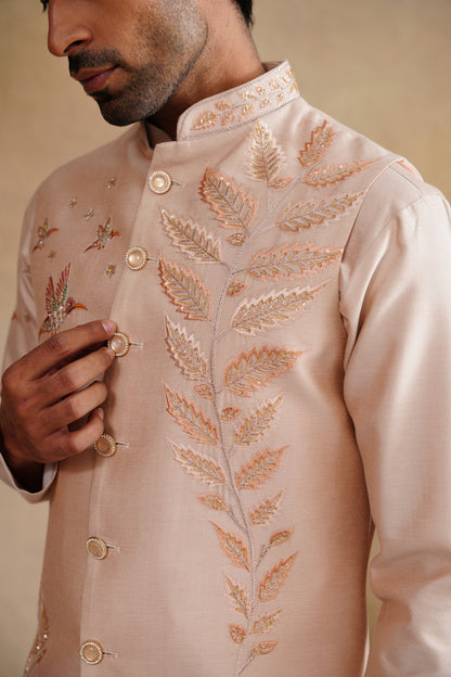 Pastel Pink Waistcoat Kurta Set with Botanical Fern Embroidery