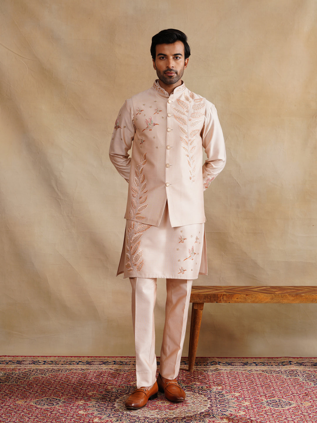Light Pink Zardozi and Thread Embroidered Waist Coat Kurta Set on Silk