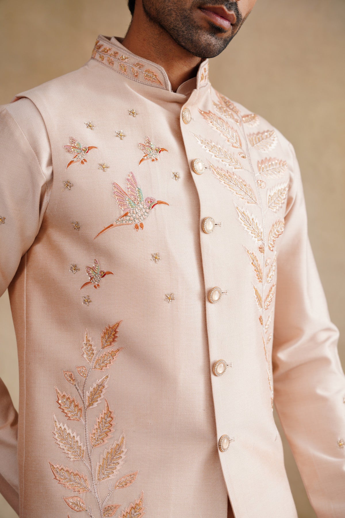 Pastel Pink Waistcoat Kurta Set with Botanical Fern Embroidery