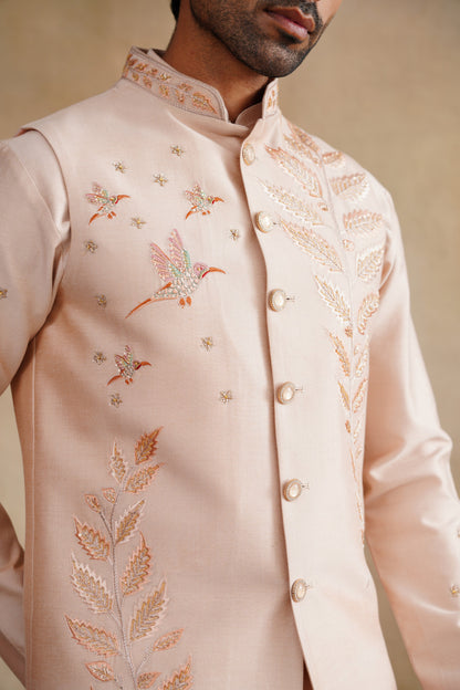 Pastel Pink Waistcoat Kurta Set with Botanical Fern Embroidery