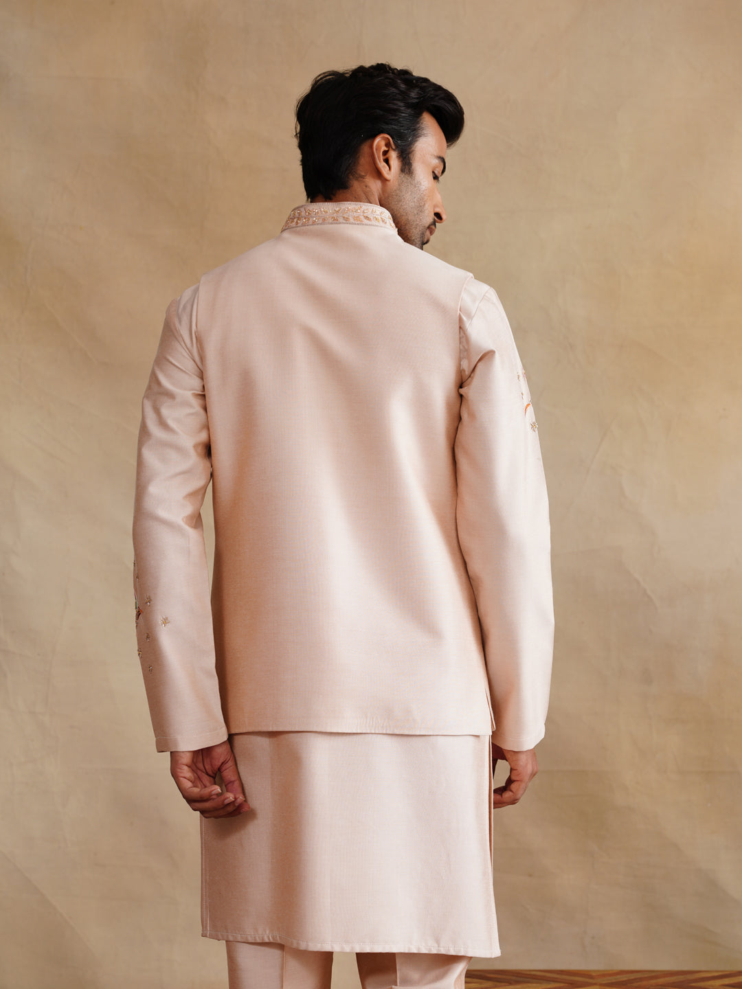 Light Pink Zardozi and Thread Embroidered Waist Coat Kurta Set on Silk