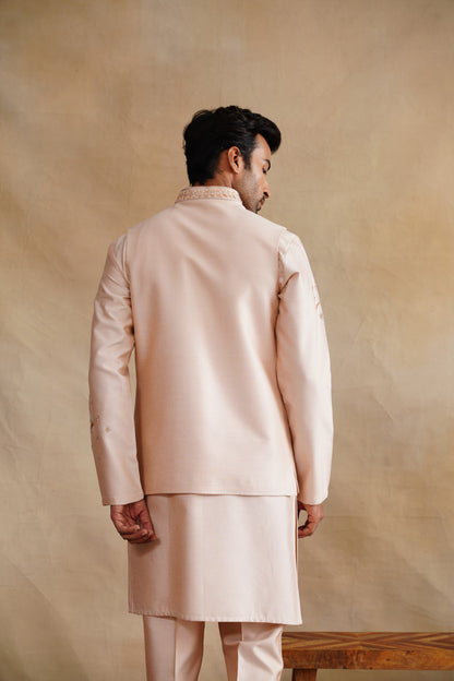 Pastel Pink Waistcoat Kurta Set with Botanical Fern Embroidery