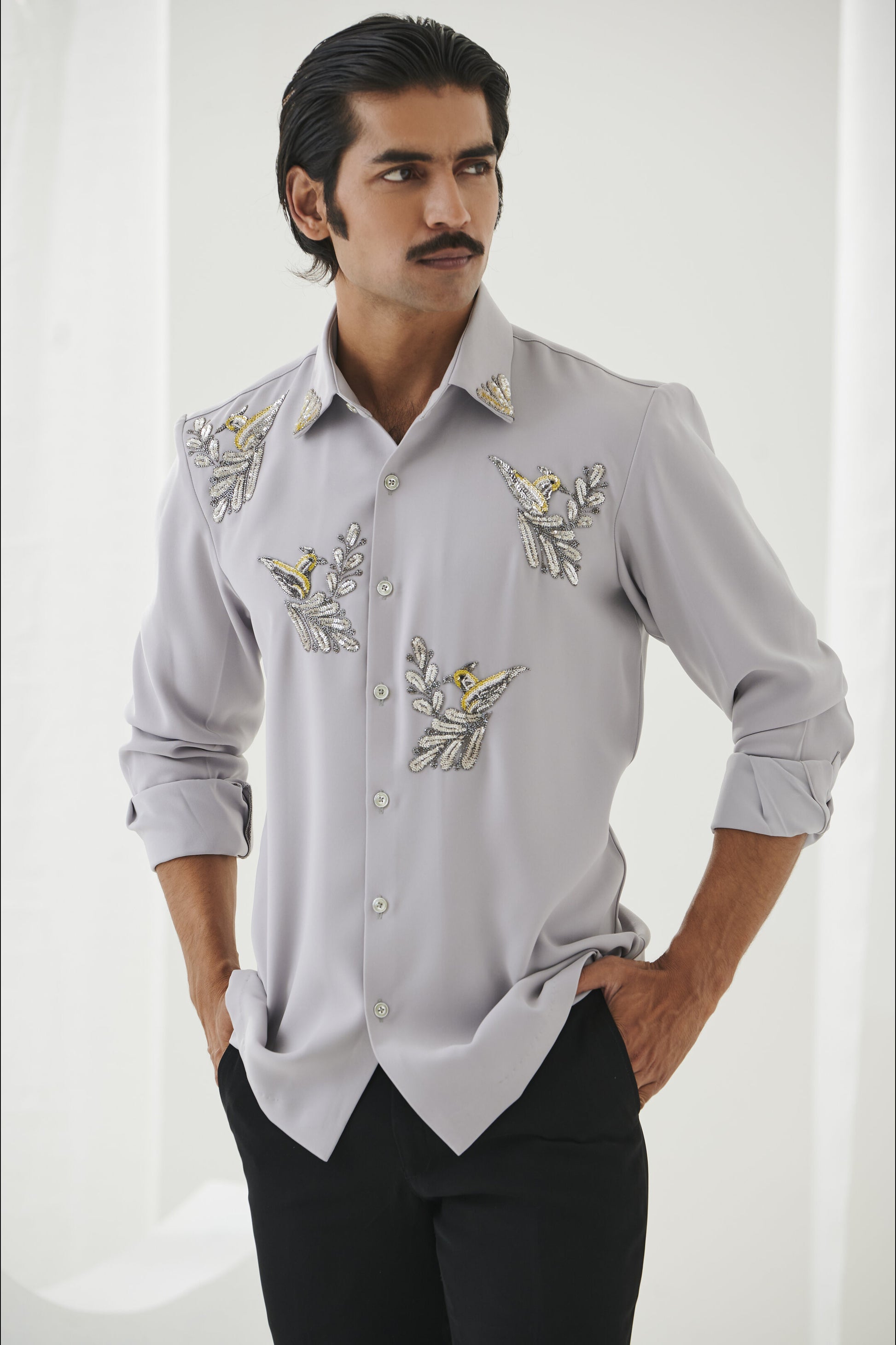 Buy Italian Fabric Grey Sequins Embroidery Shirt for Men-Designer
