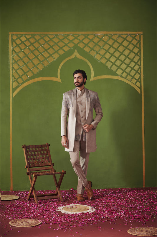 Light Grey Cutdana Embroidered Indowestern on Textured Suede