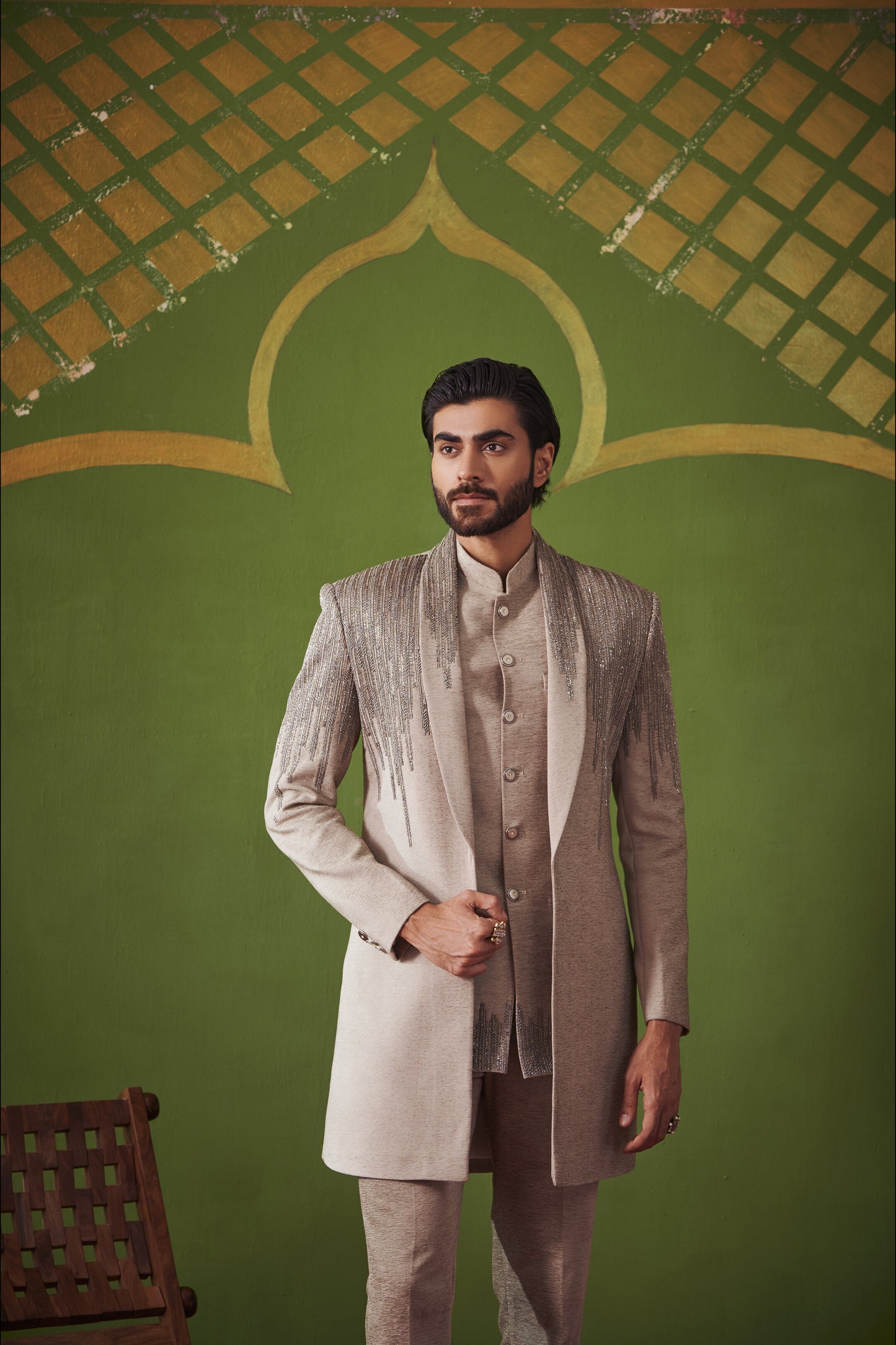 Light Grey Cutdana Embroidered Indowestern on Textured Suede