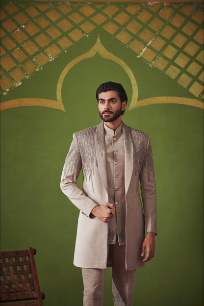 Light Grey Cutdana Embroidered Indowestern on Textured Suede