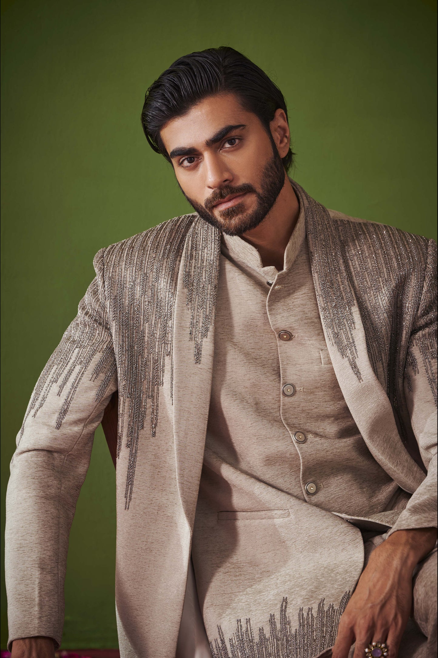 Light Grey Cutdana Embroidered Indowestern on Textured Suede