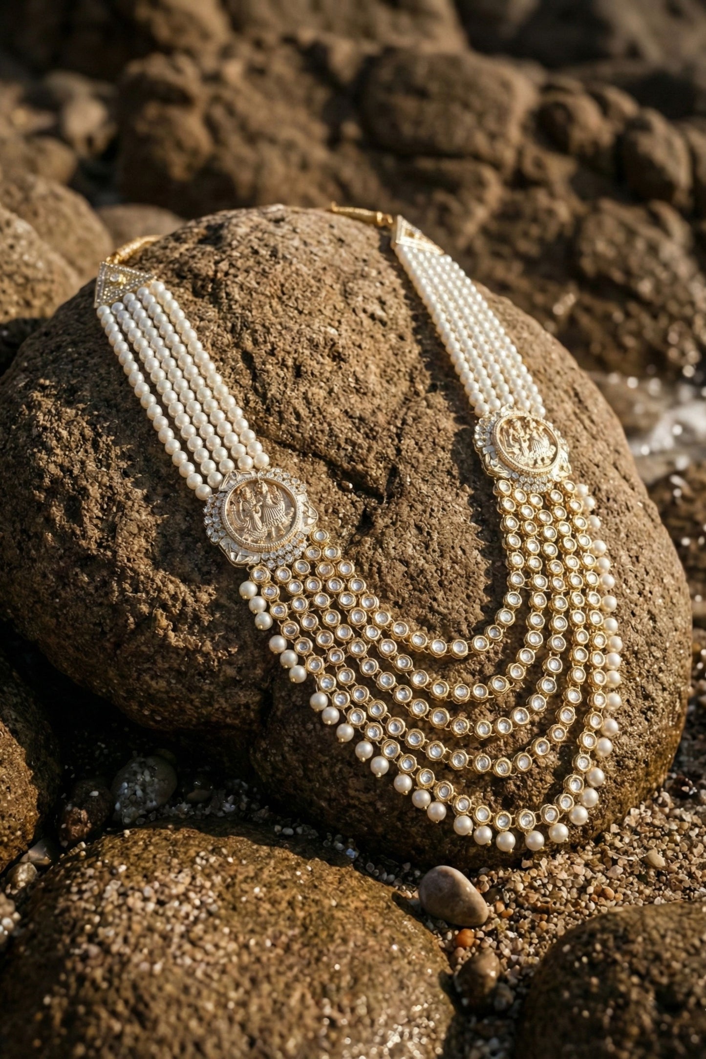 Premium 5-Layer Pearl and Kundan Mala with Antique Broches