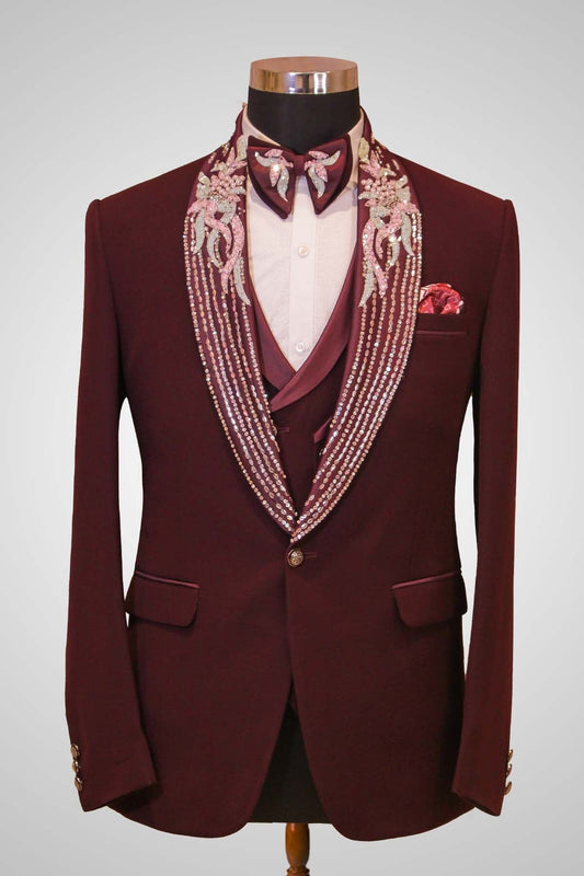Reddish Wine Sequins Embroidered Italian Tuxedo Suit Tuxedo Lagan 