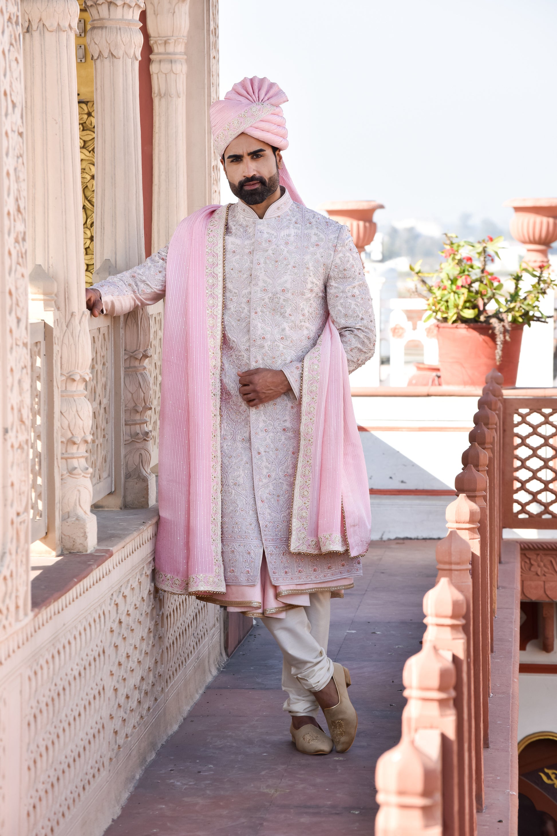 Buy Pastel Pink Resham Embroidered Silk Sherwani for Groom Online