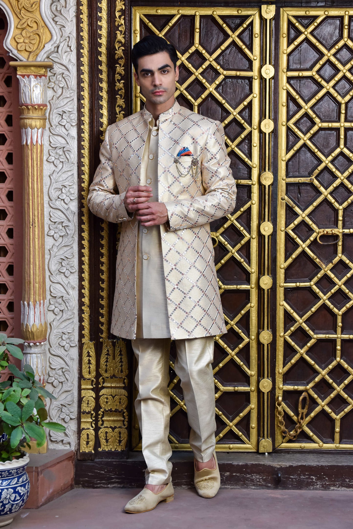 Golden Sequins And Resham Embroidered Indowestern On Silk