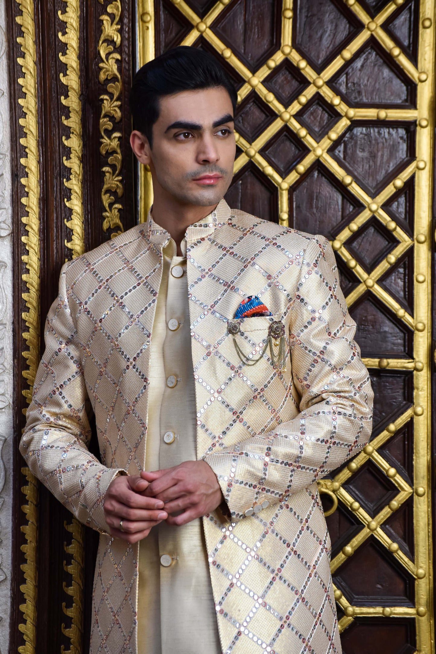 Golden Sequins And Resham Embroidered Indowestern On Silk