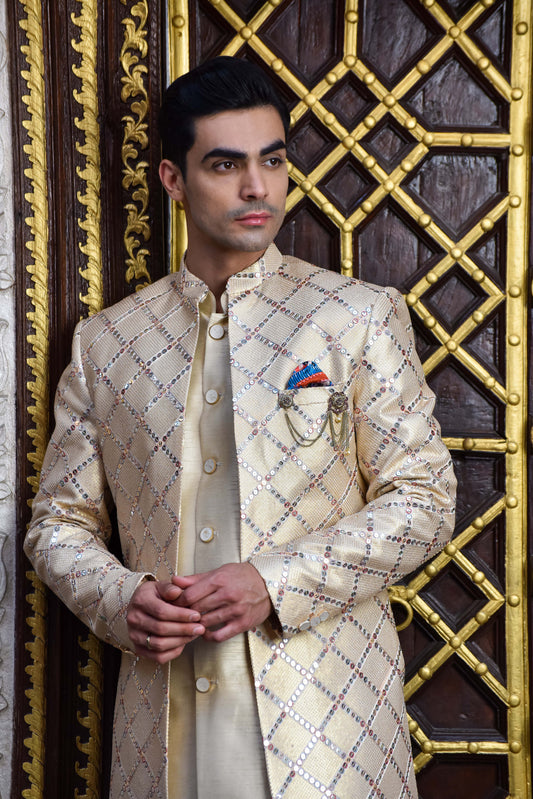 Golden Sequins And Resham Embroidered Indowestern On Silk
