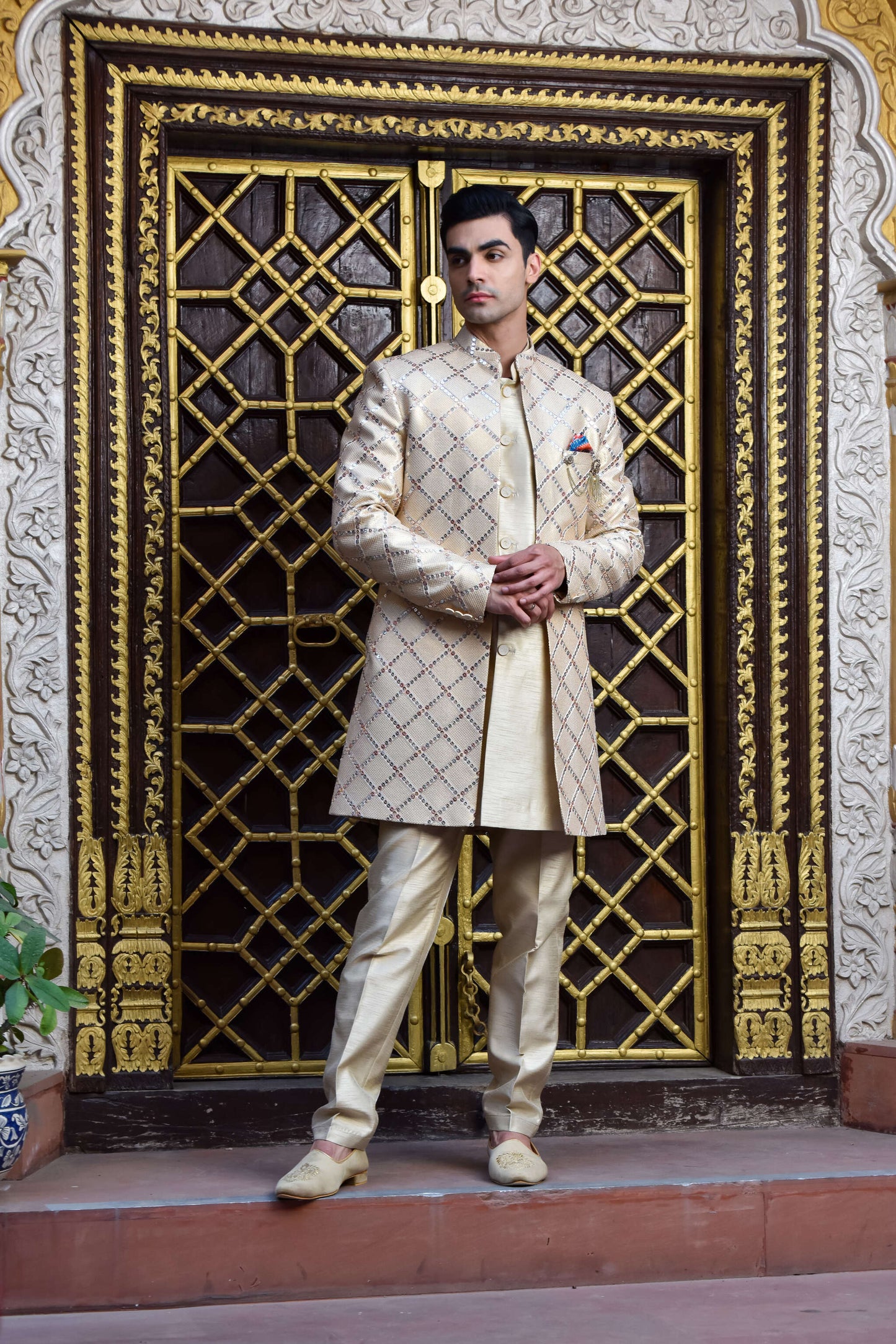 Golden Sequins And Resham Embroidered Indowestern On Silk