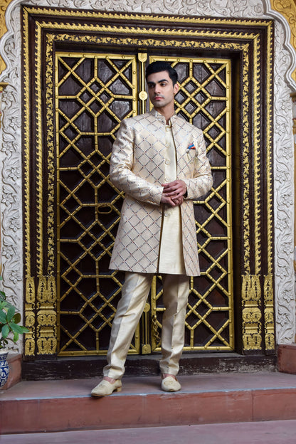 Golden Sequins And Resham Embroidered Indowestern On Silk