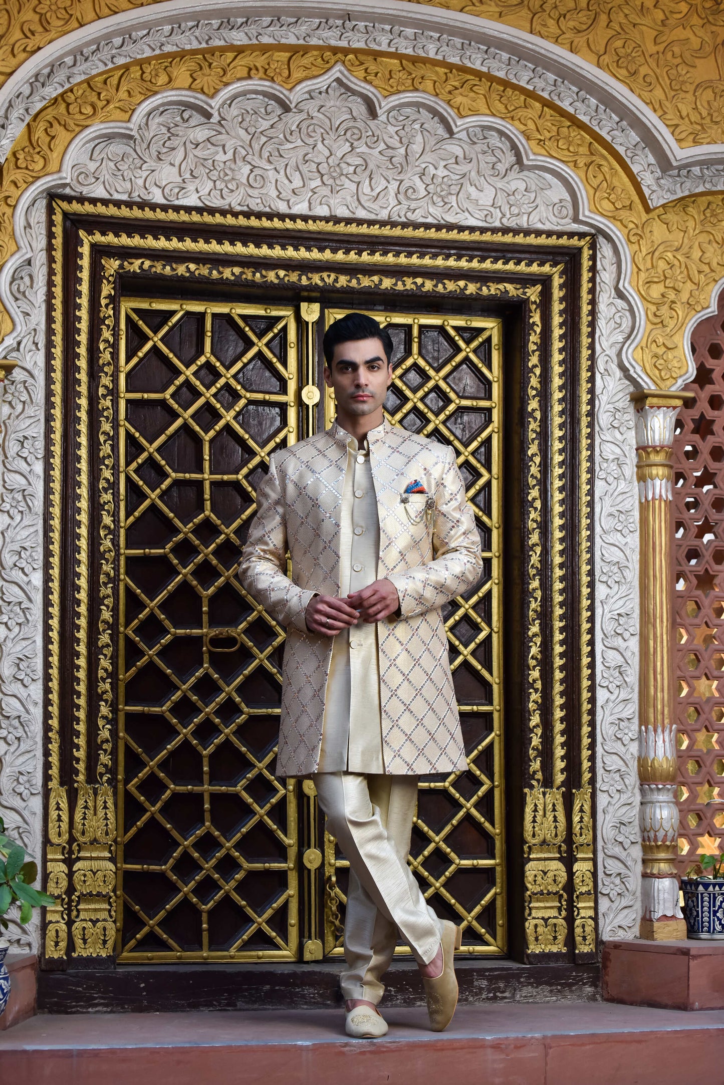 Golden Sequins And Resham Embroidered Indowestern On Silk
