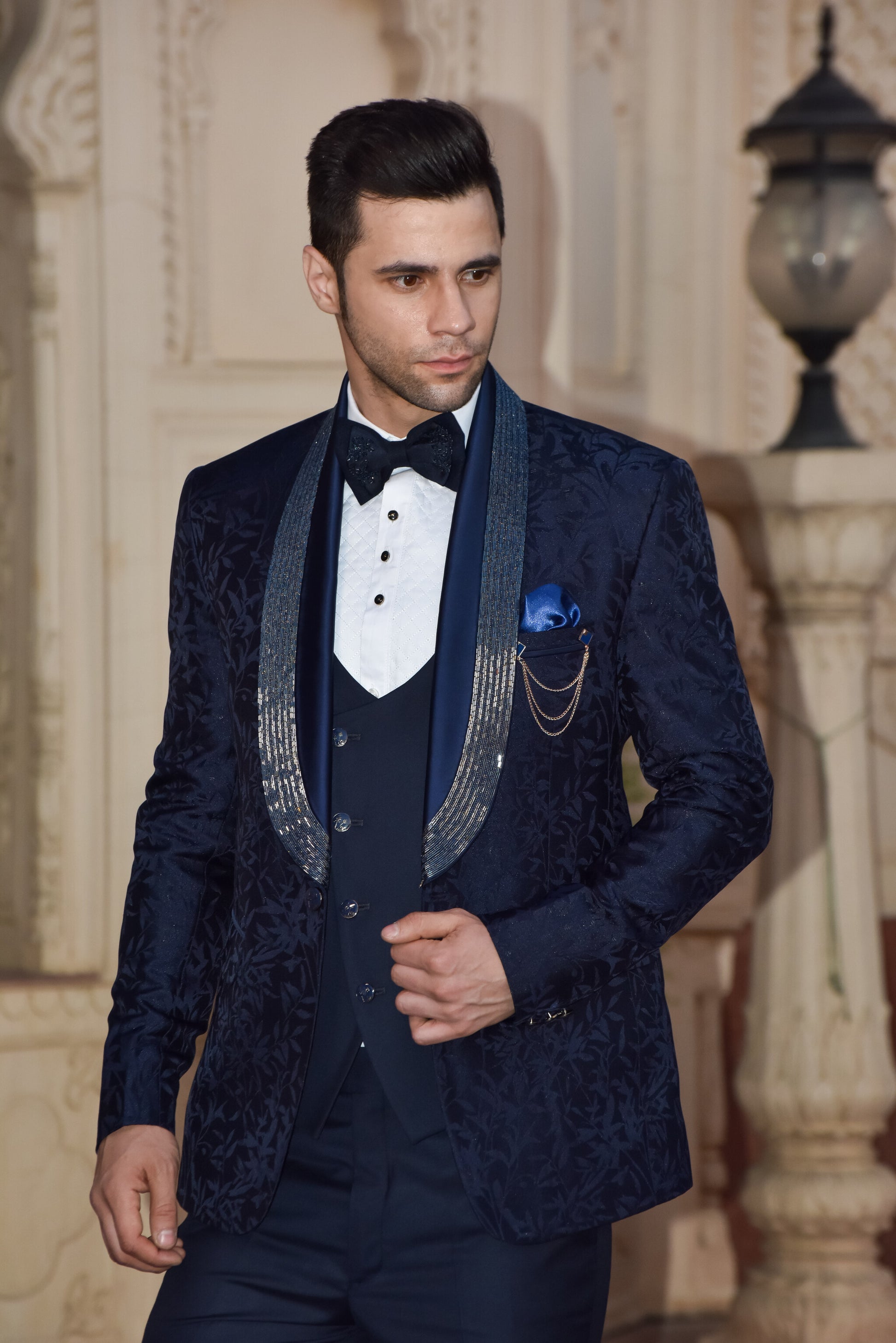 Buy Navy Cutdana Embroidered Tuxedo Wedding Suit for Men Men